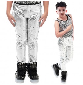Silver pu leather motorcycle style fashion boys kids children baby rivet long length straight stage performance school play hip hop jazz singer dance costumes outfits pants trousers( only pants)